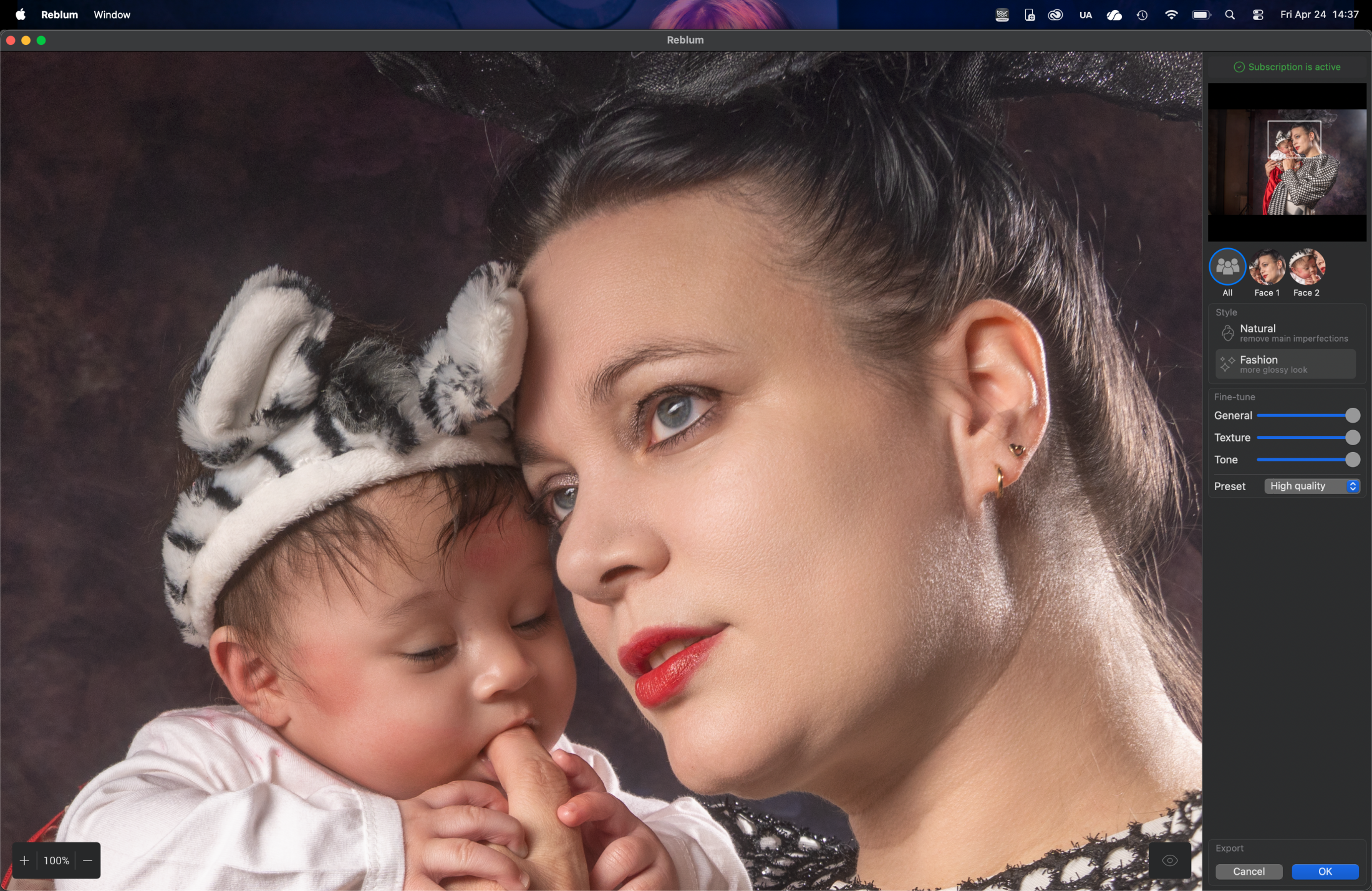 Reblum skin retouching used on Nadine